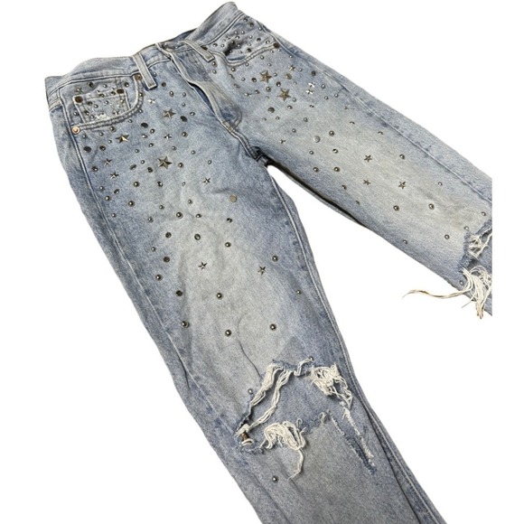 Levi 501 Straight Leg Rhinestone Grunge 25 Short 28 Inch Inseam Stars Light Wash - Picture 1 of 10